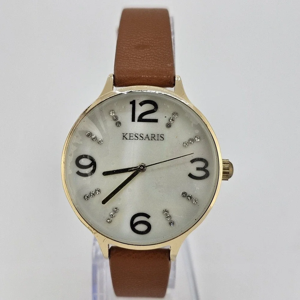 Kessaris Women's Watch 36MM White Dial Brown Faux Leather Bands‎ New Battery
